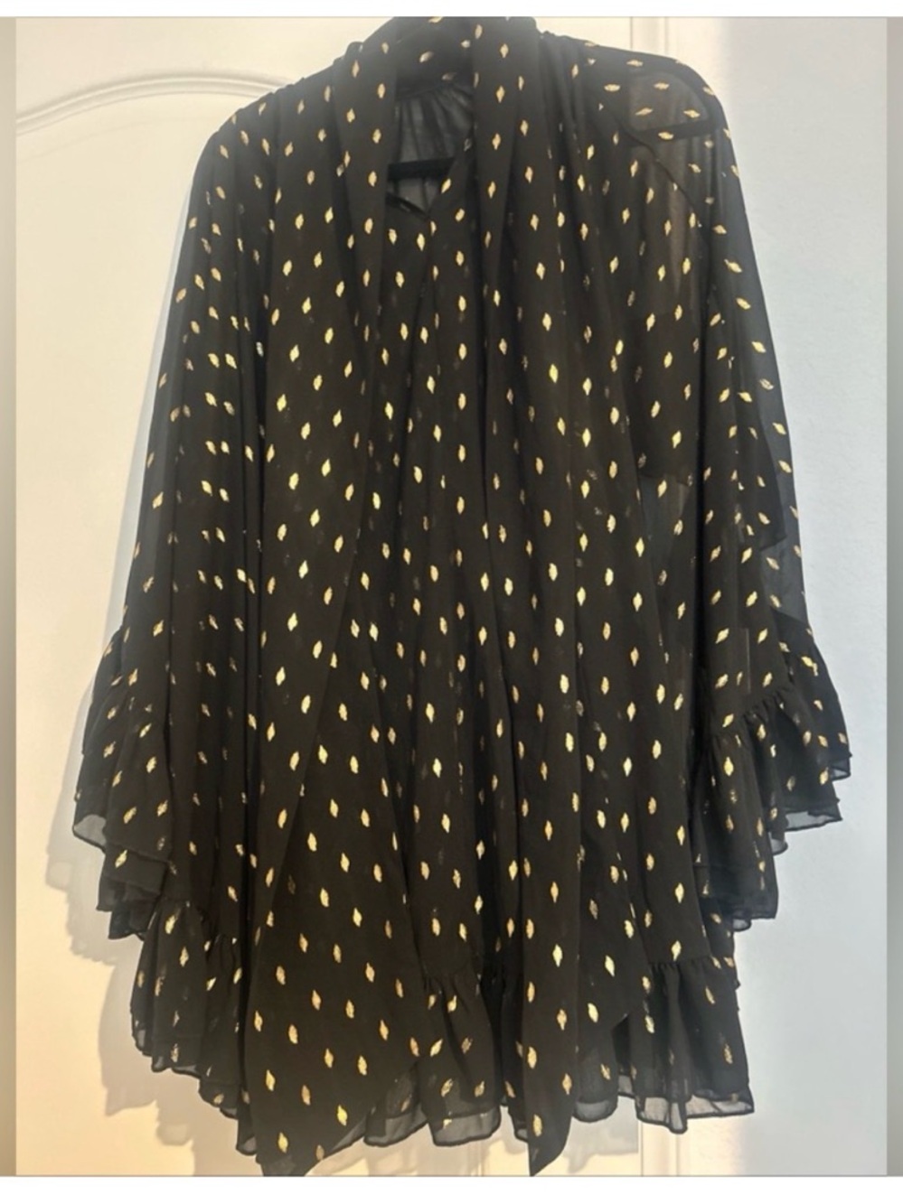Black A-Line Tiered Ruffle Cape Dress with Gold Dot Accent - Picture 2 of 6
